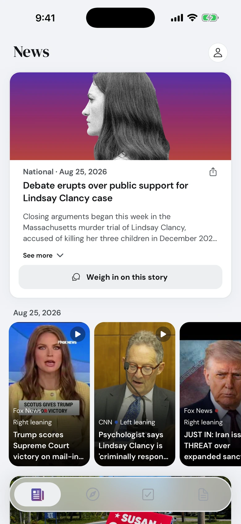 The news feed: a national brief with its summary, above a row of video clips each labelled with its outlet and lean.