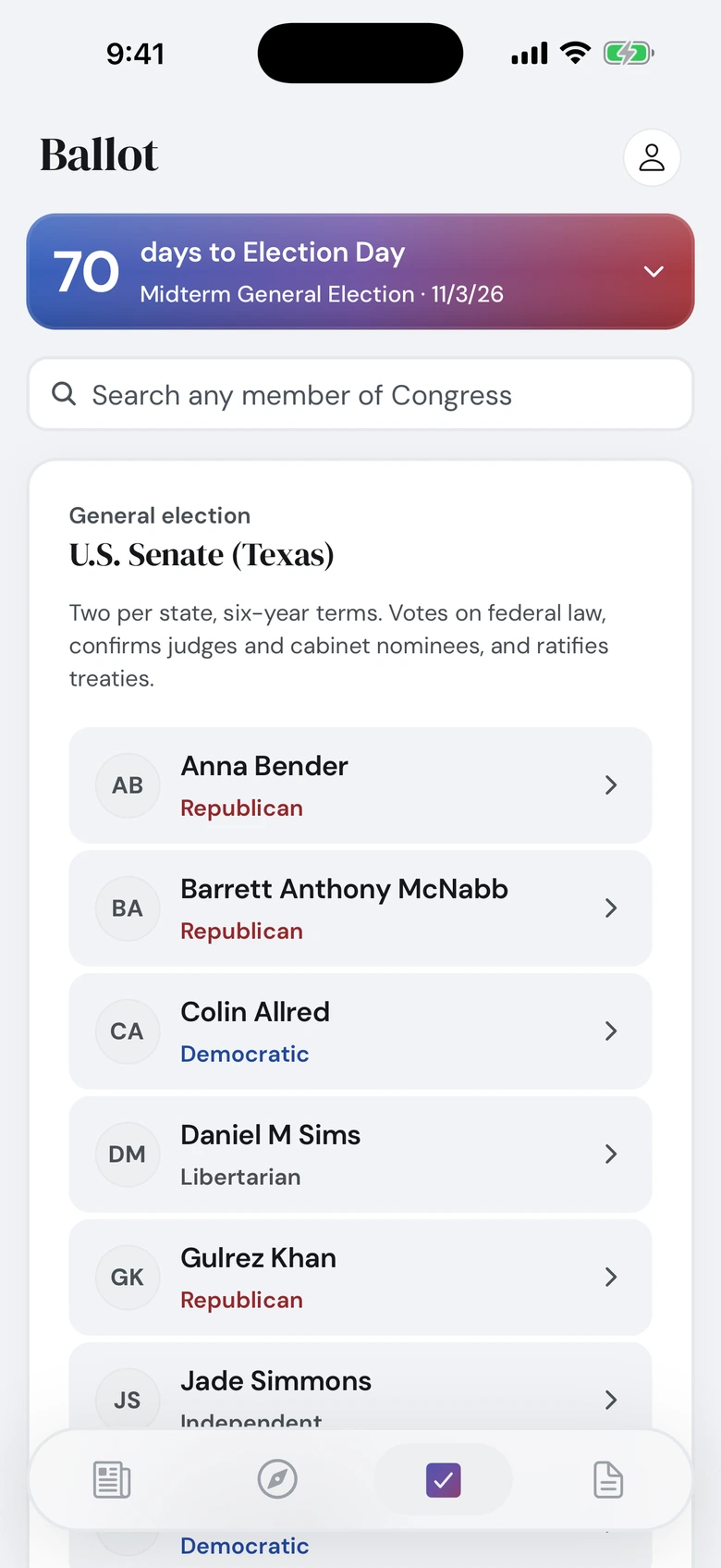 The ballot tab counting 70 days to Election Day, above the candidates in a U.S. Senate race.