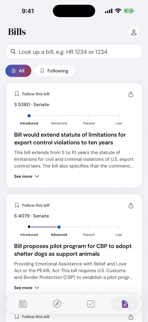 The bills feed showing legislation and its progress through Congress.
