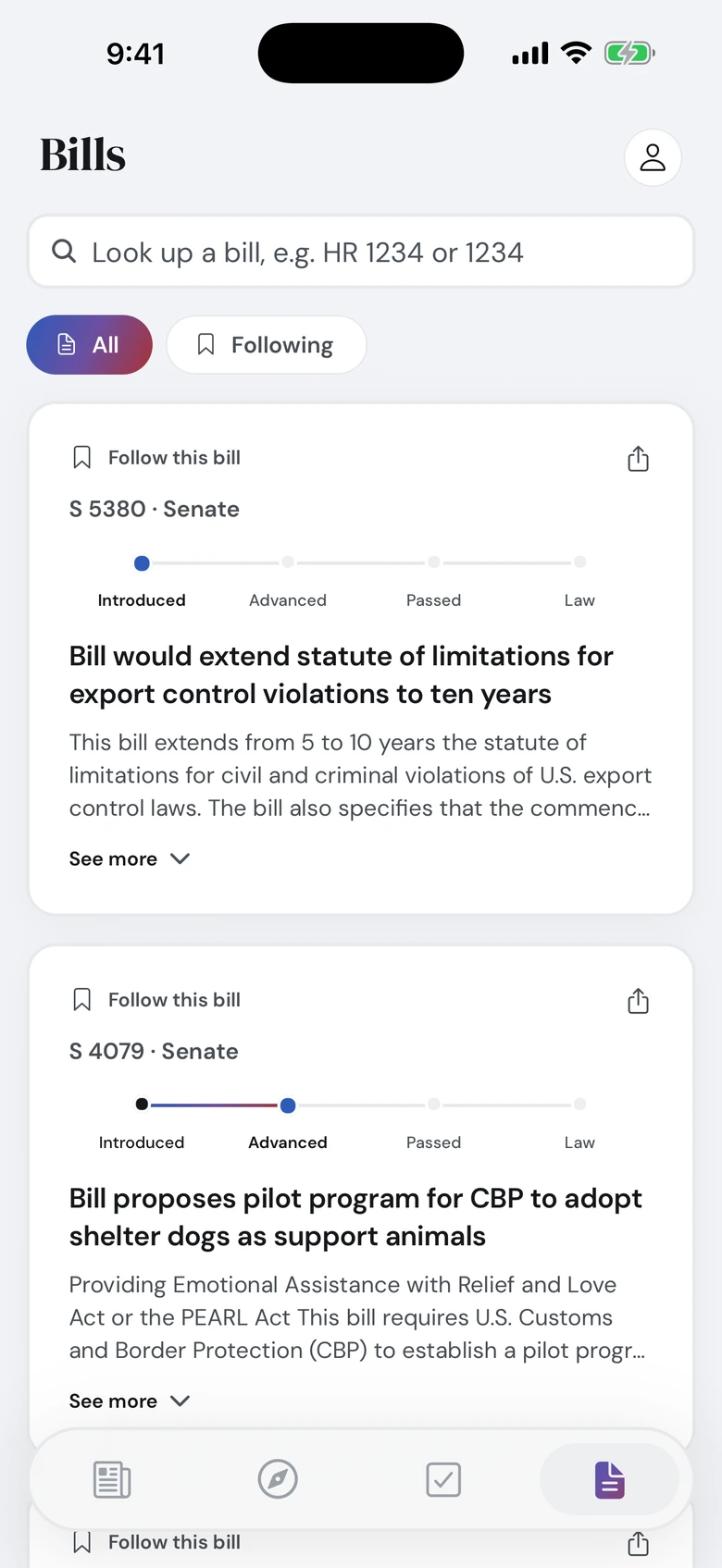 The bills feed showing legislation and its progress through Congress.